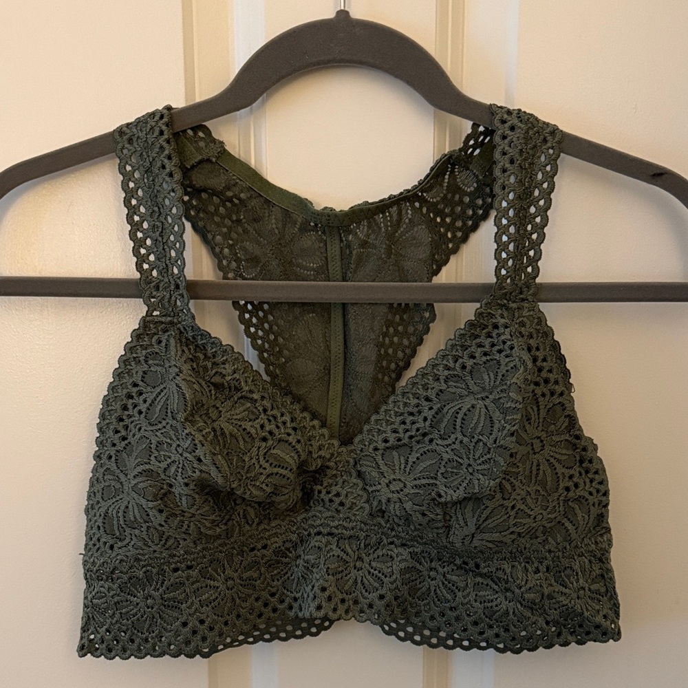 Aerie Olive Green Eyelet Floral Lace Crochet Racerback Bralette Bra